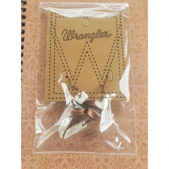 Wrangler Earrings,new with tags,lite weight, White Stone and Brass Beads‎