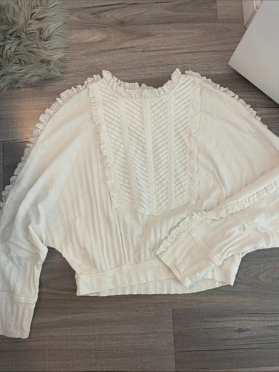 Free People Cream Lace-Trim Ribbed Pullover