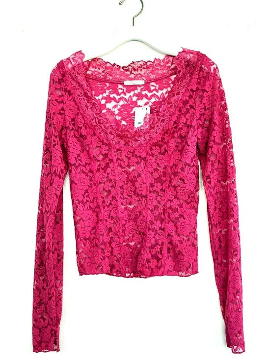 Free People Pink Floral Lace Long-Sleeve V-Neck Top