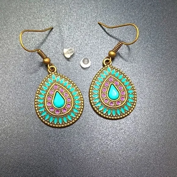 Bronze boho turquoise drop pear spear shape earrings