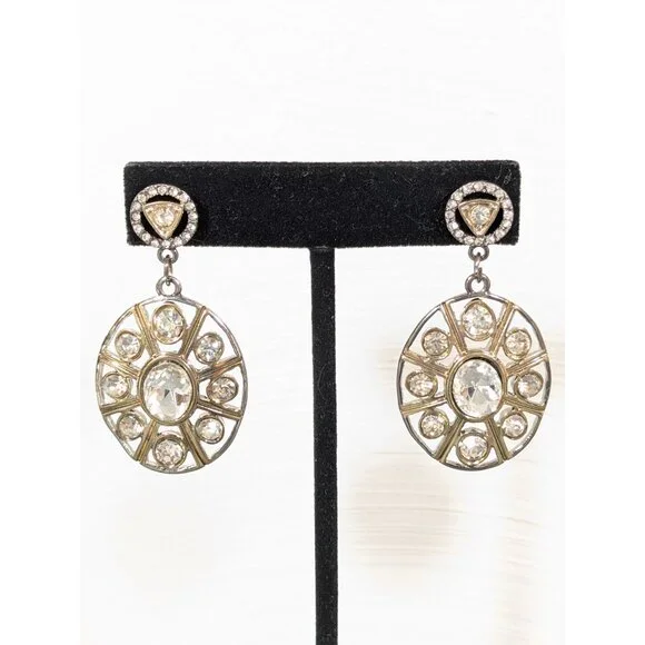 Two Tone‎ Rhinestone Oval Dangle Earrings Modernist Industrial Statement Bold