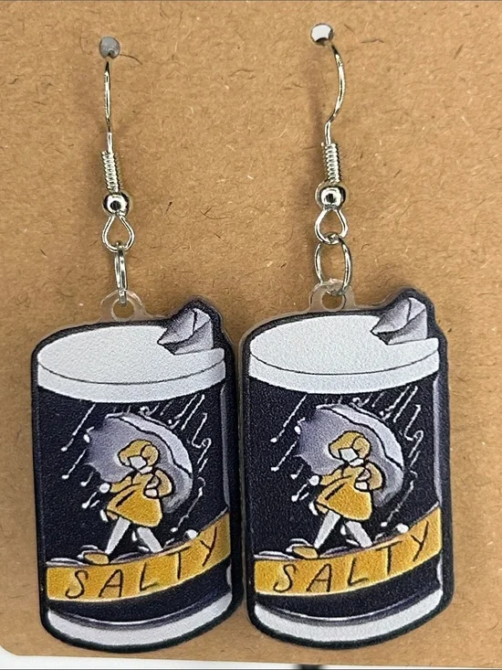 Novelty 'Salty' Can Earrings in Black, Yellow, White Fashion Jewelry