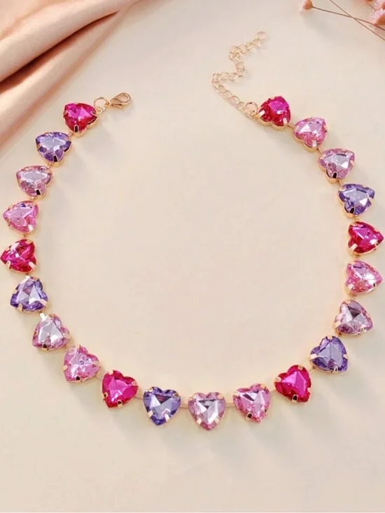 Heart Crystal Necklace - Pink & Purple