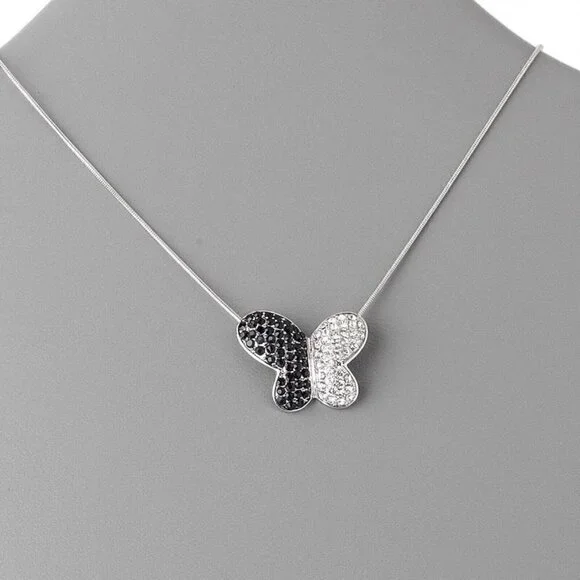 Elegant Austrian Crystal Black Clear Rhinestone Round Butterfly Pendant Necklace