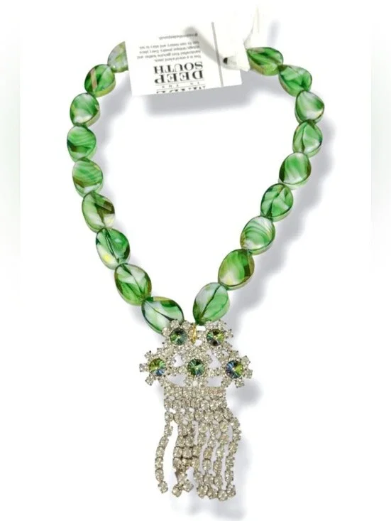 Vintage Green Swirl Beaded Necklace with Crystal Fringe Pendant