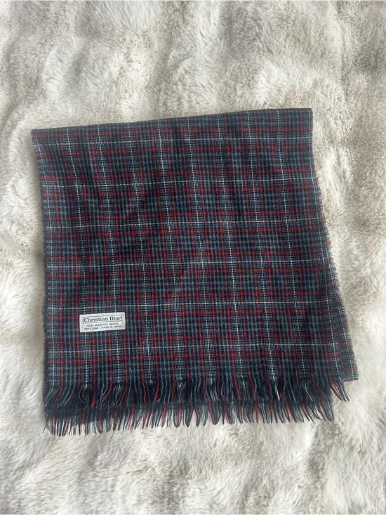 Vintage Dior Plaid Wool Scarf in Navy and Red