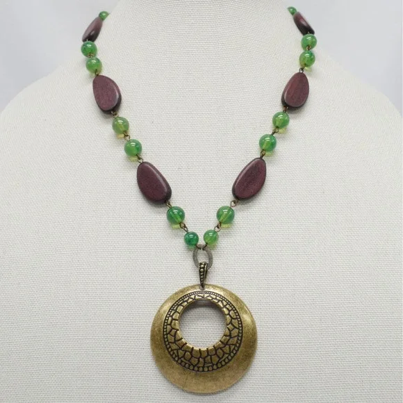 Disc Pendant Necklace Women OS Green Brown Boho Earthy Gorpcore