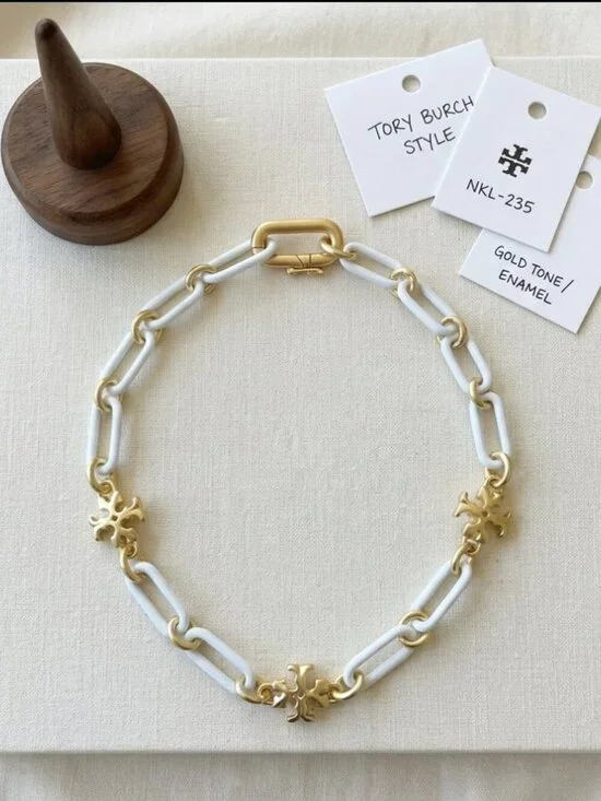 Tory Burch Gold and White Link Necklace with Decorative Cross Accents