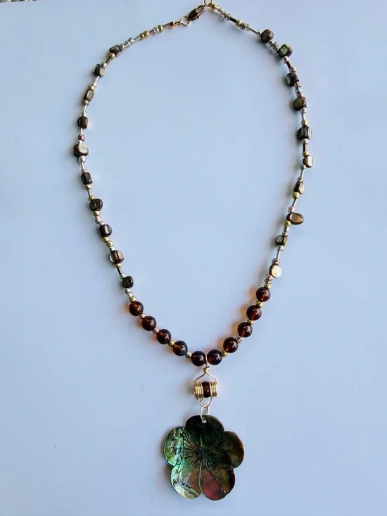 Handmade Iridescent Green Flower Pendant Necklace - Women Jewelry