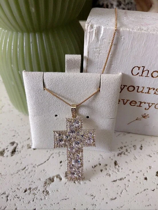 Gold-Tone Crystal Cross Necklace – Sparkling Clear Stones