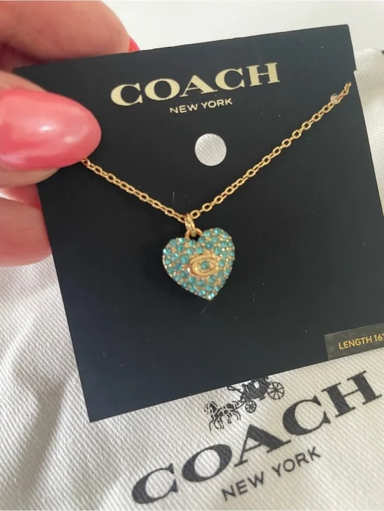 Coach Gold-Tone Heart Pendant Necklace with blue Crystals