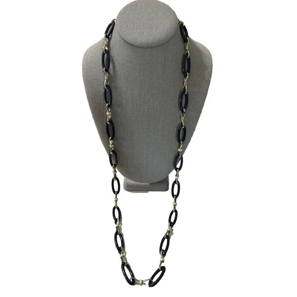 Talbots Statement Necklace Long Blue & Silver Tone Textured Links 36” Signed
