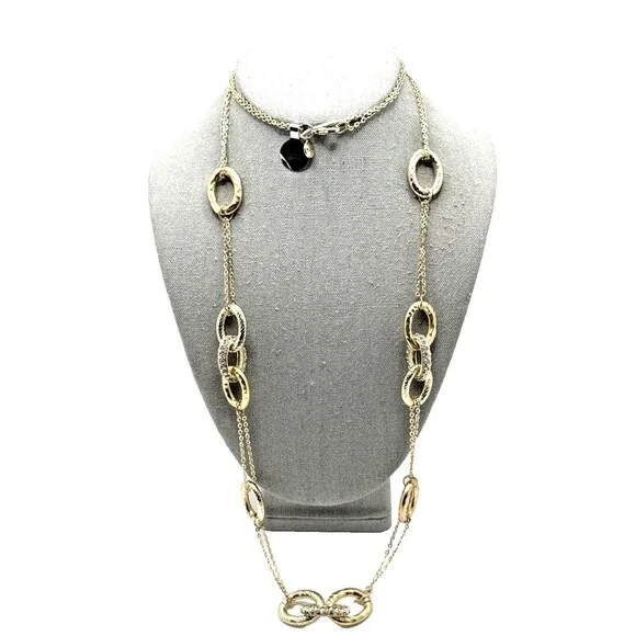New Alfani Rhinestone Gold Tone Station Necklace Oval Textured Links 42” NWT