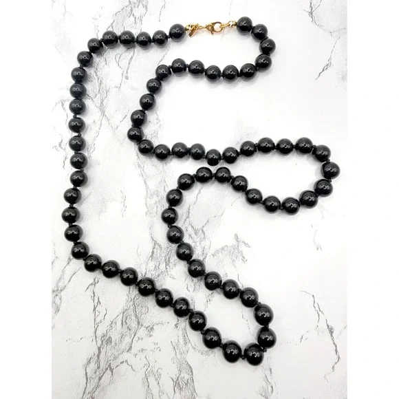 Vintage Signed Monet Black Glass Bead Necklace 23 Inch Gold Tone