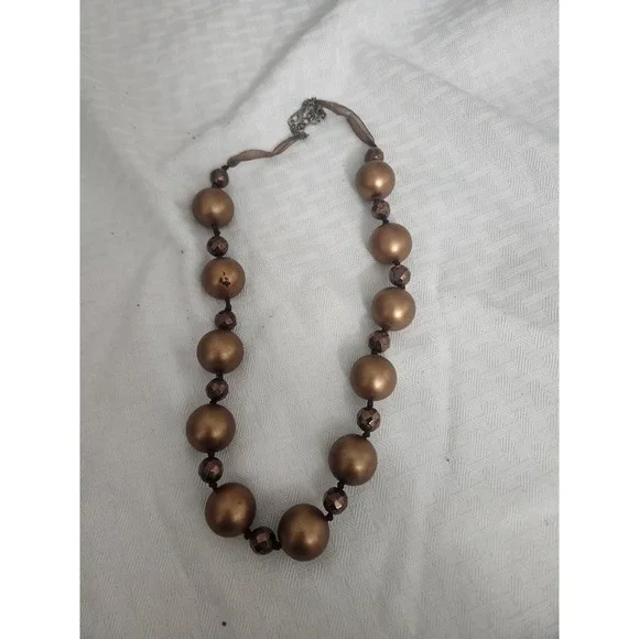 Bronze Statement Necklace Chunky Matte Beaded Ribbon Accent Adjustable Length