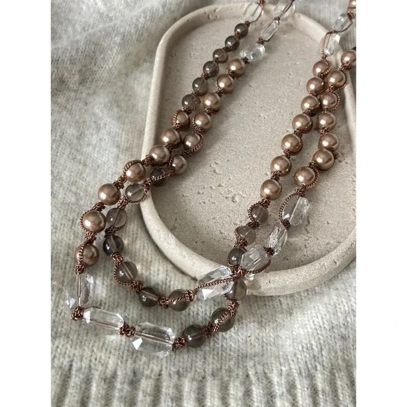 Copper Tone Multi Strand Beaded Necklace Faux Pearl Clear‎ Gray Beads Romantic