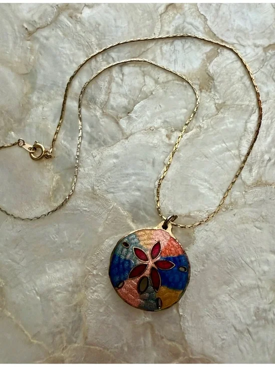 Vintage Cloisonné Enamel Sand Dollar Necklace Gold Tone Coastal Beach Boho