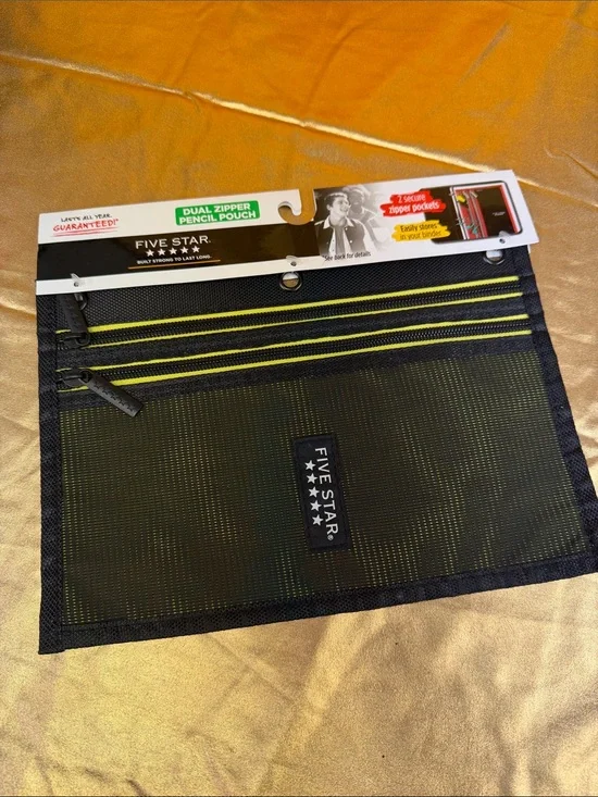 Five Star Black and Yellow Dual-Zipper Pencil pouch 2 secure zipper pockets