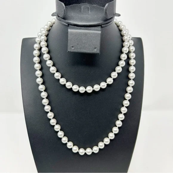 Vintage Monet Silver Tone Glass Faux Pearl Beaded Long Necklace 34