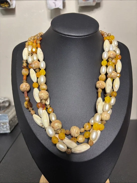 Multi-Strand Yellow and Cream Beaded Statement Necklace