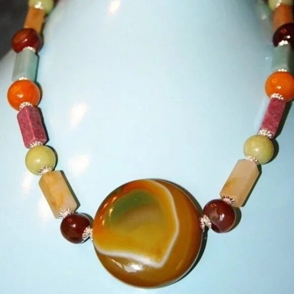 Hand made Necklace semi precious stones Aragonite Rodentia Jasper Red Aventurine