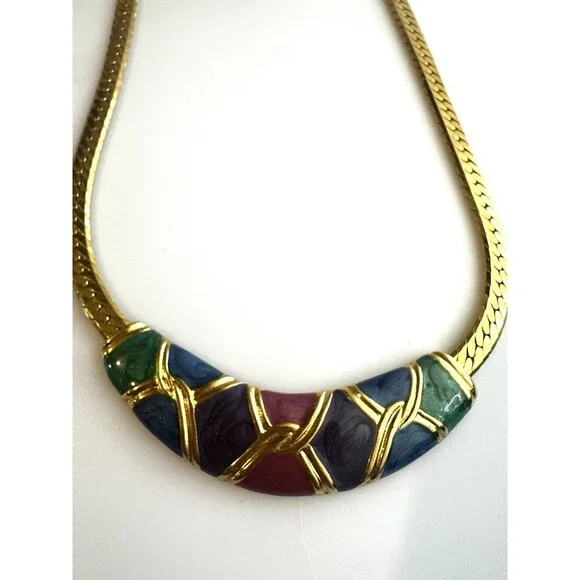 Vintage 80s Gold Tone Herringbone Necklace Colorful Enamel Statement