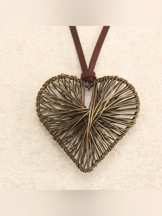 Western Necklace Wire Wrapped Heart Pendant Necklace in Antique Brass