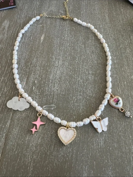 Pearl Bead Charm Necklace with Heart, Butterfly & Floral Charms