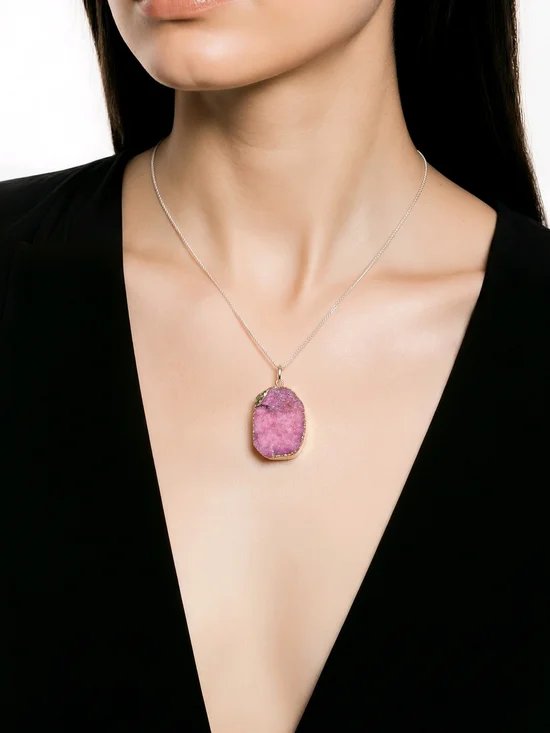 Pink/ Purple  Druzy Geode Quartz Pendent With Sliver Tone Casing
