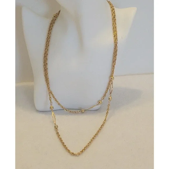 Vtg Station Chain Necklace 44in Gold Tone Beaded‎ Rope Long 90s