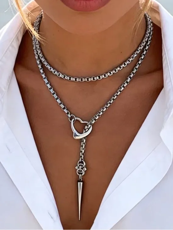 Silver Tone Lariat Necklace with Heart Toggle and Spike Pendant