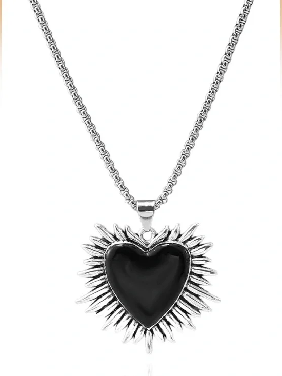 Black Heart Sunburst Pendant Necklace - Women Jewelry