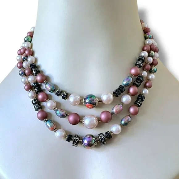 Vintage 1960s Triple Strand Beaded Necklace Japan Faux Pearl Frosted Lucite