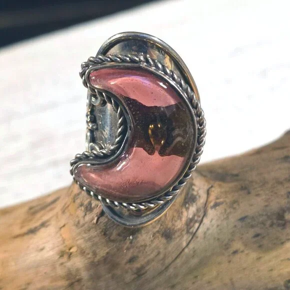 Peruvian Fused Art Glass Purplish Pink Silver Crescent Moon OOAK Artisan Ring