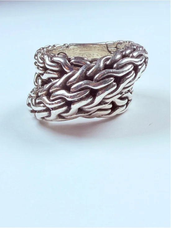 John Hardy Tiga Classic Chain Overlap Wrap 925 Sterling Silver Chunky Band Ring