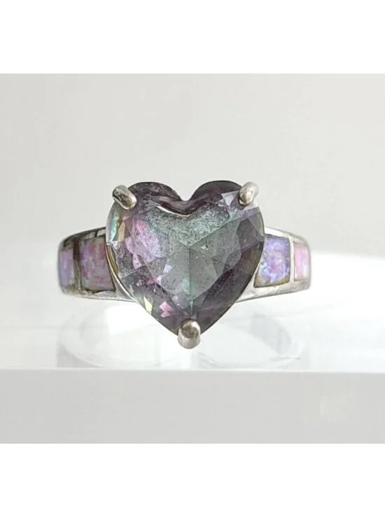 Iridescent Mystic Topaz Heart Cut Opal Sterling Silver 925 Vintage Ring - sz 7