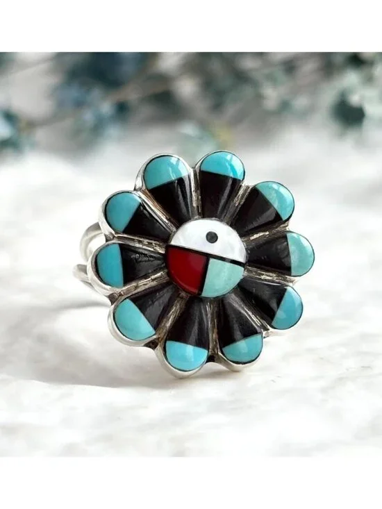 Zuni Sun Face Turquoise, Onyx, MOP & Coral Sterling Silver 925 Vintage Ring sz 6