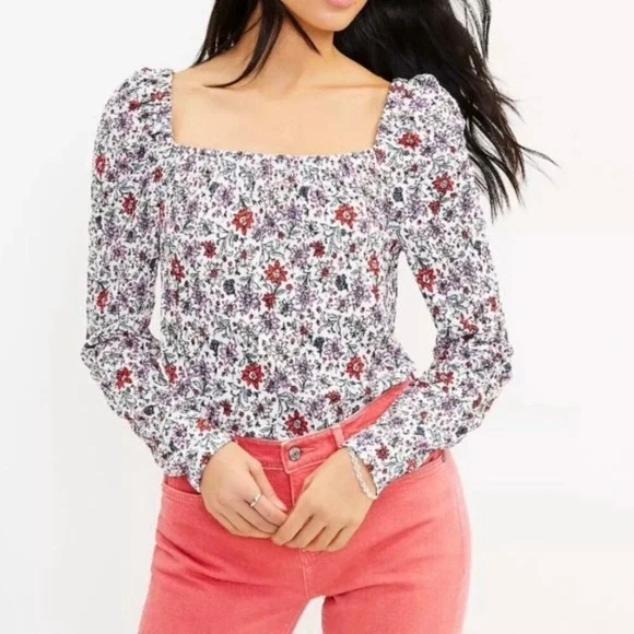 Loft Bloom Floral Textured Smocked Stretch Square Neck Top‎ White Multi Large