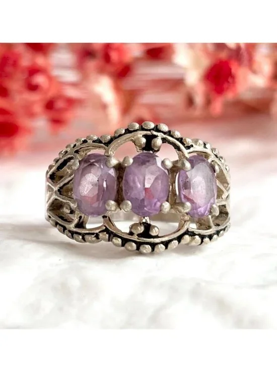 SETA Natural Amethyst Gemstone Beaded Sterling Silver 925 Vintage Ring - sz 7.75
