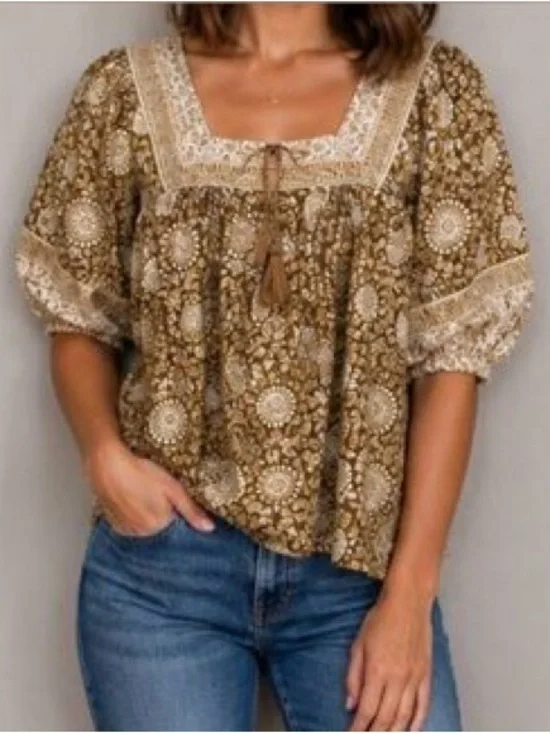 Boho Floral Peasant Blouse XL Mustard Brown Puff Sleeve Paisley fall Old Navy