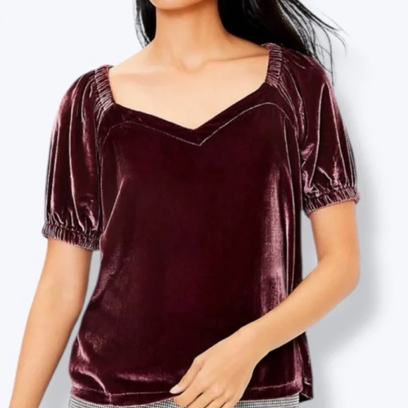 LOFT Crushed Velvet Top Burgundy Puff Sleeve Square Neck NWT XL Petite