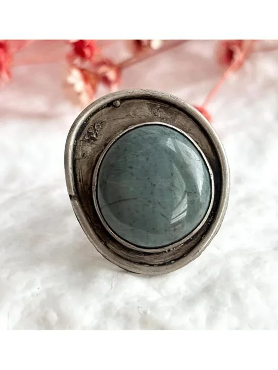 Modernist Freeform Green Agate Gemstone 800 Silver Vintage Ring - sz 9.25