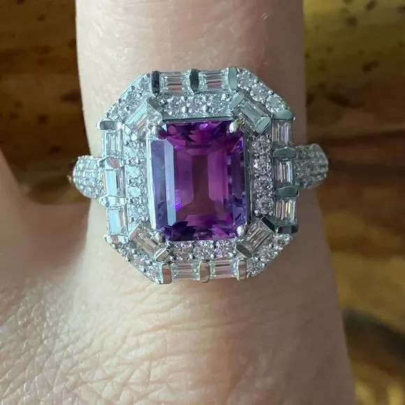 African Amethyst Moissanite Sterling Silver Art Deco Ring Size 9