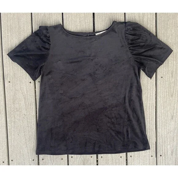 LOFT Petites Black Velvet Puff Sleeve Top L Soft Stretch Short Sleeve Romantic