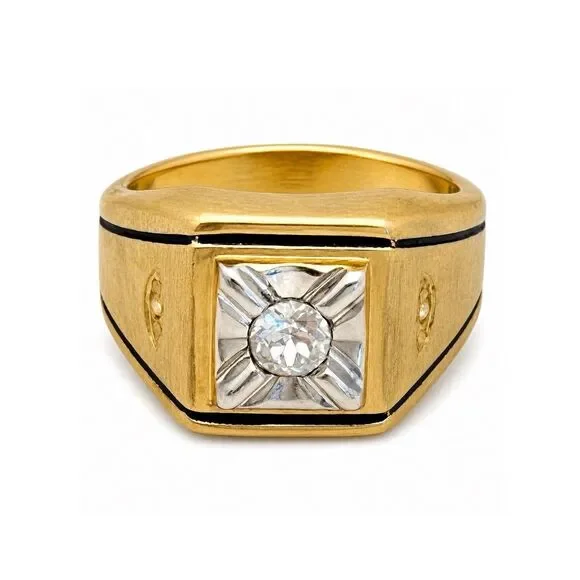 Vintage 1970s Ring Size 12 Uncas CZ Square Bezel Textured Gold Plated - 14O