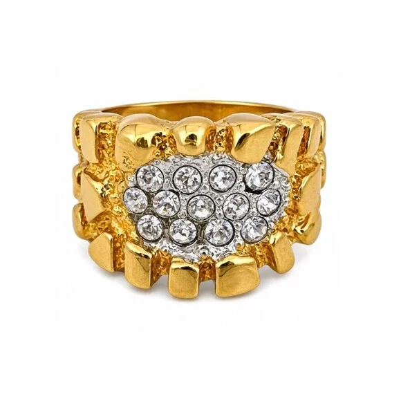 Vintage 1970s Uncas Nugget Ring Size 7  14KT Gold Plate Pave Crystal - 14O