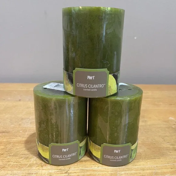 Pier 1 Citrus Cilantro Scented Pillar Candles Green 3x4 Set of 3‎ AB2210