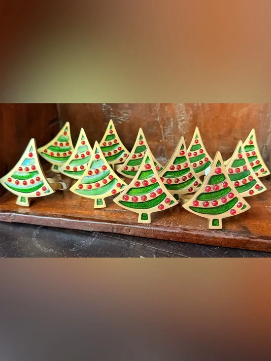 Vintage Holiday Green & Red Brass Enamel Christmas Tree Pier 1 Napkin Holders 12