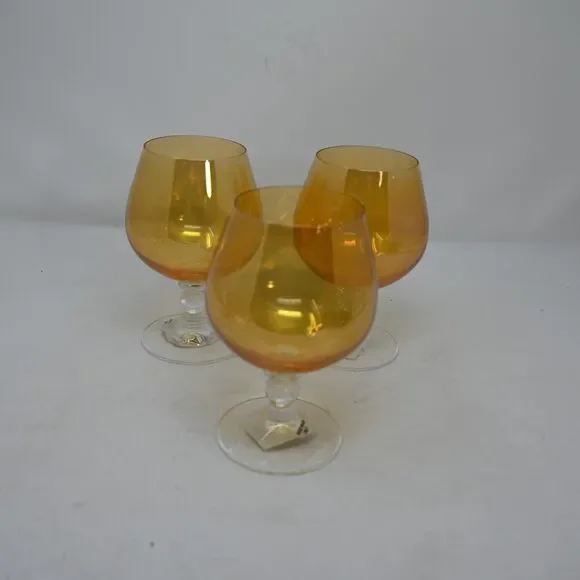 Pier 1 Amber Brandy Snifter Glass Set of 3 Iridescent Hand Wash Only