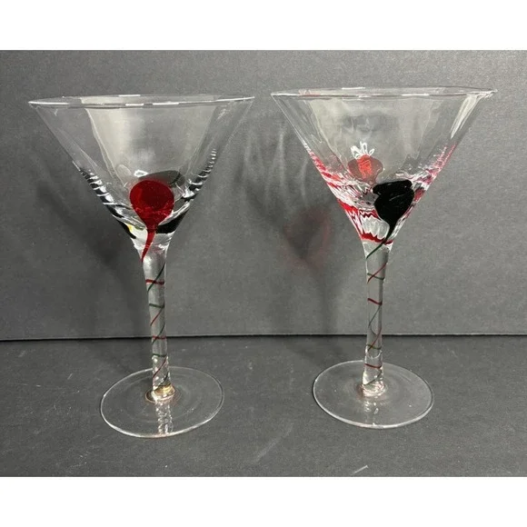 2 Pier 1 Martini Glasses Red Green Teardrop Optic Swirl Stripe 7 5/8